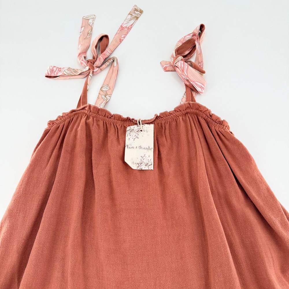HEM & THREAD Linen Blend Tie Strap Ruffle Mini Dress Rust Large New With Tags - Picture 6 of 11
